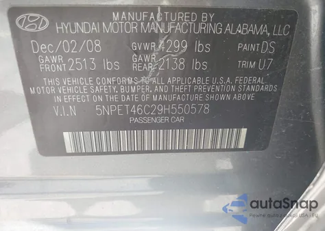 2009 Hyundai Sonata Gls из США, поврежденный, VIN 5NPET46C29H550578